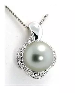 12.17MM Silver Gray Tahitian Pearl Pendant, 0.14 Ct. Diamonds, 14K W Gold, NEW - Foto 1 di 2