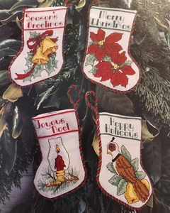 MINIATURE STOCKINGS FRUIT & FESTIVE 18 ORNAMENTS CROSS STITCH CHART MAG. PAGES  - Picture 1 of 3