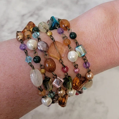 Cookie Lee Multi Strand Bracelet Multicolor Brass Tone Beaded Toggle Boho Funky - Image 1 of 4