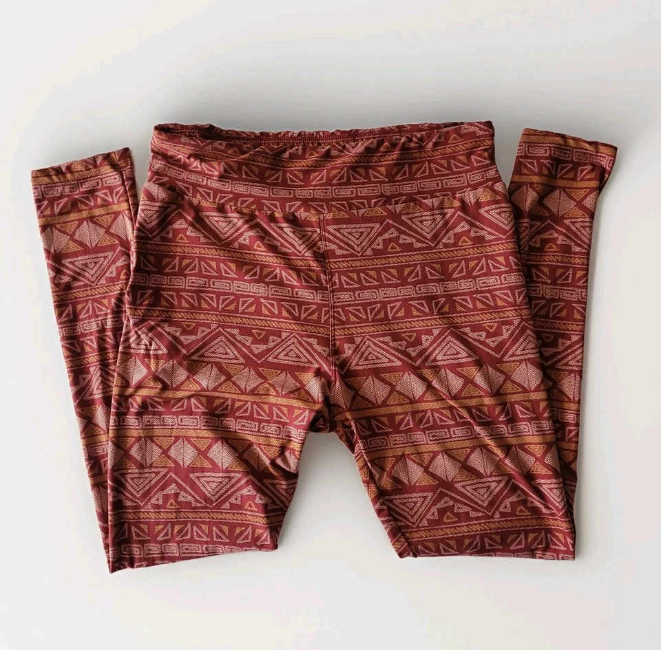 LULAROE Womens Leggings L OS One Size Tall Curvy Burgundy Rust Aztec Stripe Boho - Image 1 of 4