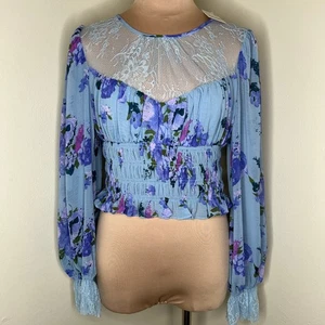 Free People Daphne Top Medium Womens Blue Floral Lace Balloon Sleeve Smocked New - Picture 1 of 12