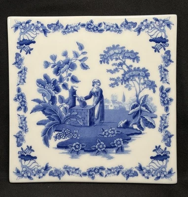 Remache de azulejos cuadrados de cerámica azul y blanco Spode Blue Room Girl at Well 6" Foto 1 de 4