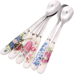 6 Pack Stainless Steel Coffee Spoon Ceramic Handle Teaspoon Sugar Spoon Ice C... - Picture 1 of 6