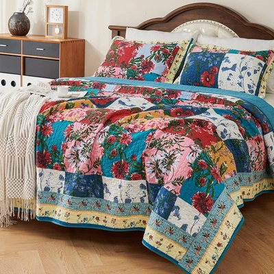 100% Cotton Patchwork Quilt Queen Size Set Lightweight Floral Queen Quilts Be... - Image 1 of 4
