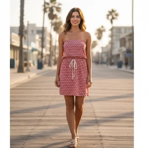 Tommy Hilfiger Strapless Dress Womens Small Anchor Red Drawstring Waist Cruise - Picture 1 of 4