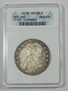 ANACS Authentic 1821 Capped Bust/Lettered Edge Silver 50c AU Details O-107 - Picture 1 of 4