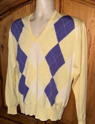 BALLANTYNE Merino 2000 Pure New Wool Yellow/Purple/White Argyle Sweater Sz 44 -M - Image 1 of 4