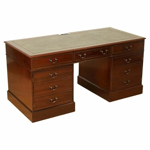 LARGE MAHOGANY TWIN PEDESTAL OFFICE DESK WITH GREEN INLAID LEATHER TOP Cover