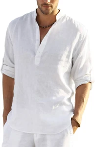 Men'S Cotton Linen Henley T-Shirts Long Sleeve Hippie Casual Beach T-Shirts - Picture 1 of 12