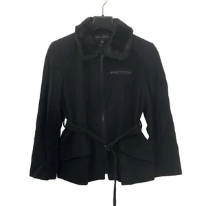 Vintage Gallery Faux Fur Collar Short Belted Wool Blend Coat Black Womens Size L - Picture 1 of 9