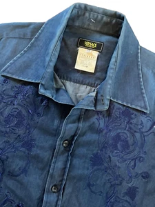 Vntg Versace Jeans Couture XL Blue Blouse Shirt Embroidered Front Made in Italy - Picture 1 of 13