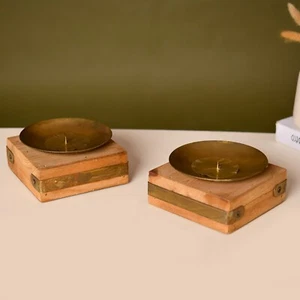 Brown candle Brass holders Speckled Tealight Candles Set of 2,with wooden stand. - Picture 1 of 5