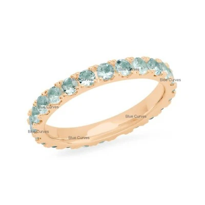 Anel de ouro rosa 14k genuíno pulseira de eternidade água-marinha feito à mão joias finas EUA-7  - Imagem 1 de 2