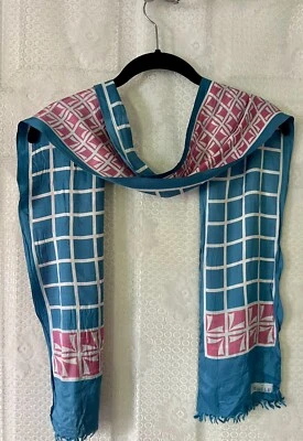 Vintage  Teal Blue Geometric Oblong Scarf Fringed  Hand Printed Japan 30” Long - Image 1 of 4