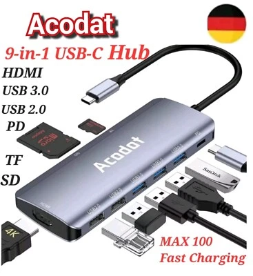 9 in 1 Multiport USB C Hub Adapter HDMI 4K USB 3.0 Micro SD für Macbook - Bild 1 von 4