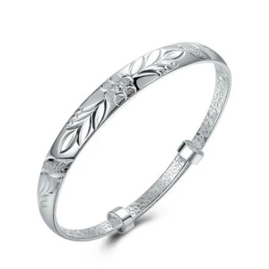 925 Sterling Silver Plated Bangle Bracelet, Flower Bracelet  For Women  - Picture 1 of 2