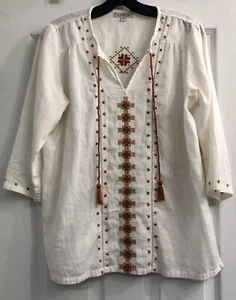 98 $ Orvis Bohemian bestickt Leinenmischung Größe S Quaste Krawatte Ausschnitt 3/4 Ärmel - Bild 1 von 11