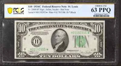 1934 C $10 FEDERAL RESERVE STAR NOTE ST. LOUIS FR.2008-H* PCGS CU 63 PPQ (955*) - Image 1 of 2