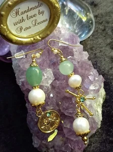 Ohrringe AVENTURIN + PERLE Geburtsstein JUNI Sternzeichen Bild KREBS Schmuck - Bild 1 von 10