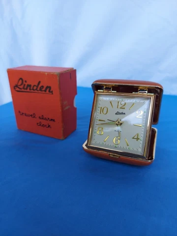Vintage Linden travel alarm clock Tan/White face with original box Cover