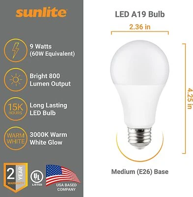Sunlite A19; 9W; 3000 Kelvin; E26 Base; Omnidirectional LED Frosted Light Bulb - Image 1 of 4