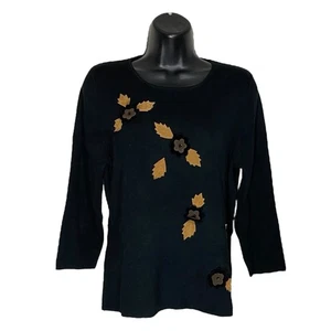 Vtg Sweater Women M Black Silk Applique Fall Witchy Leaves Novelty Bonnie & Bill - Picture 1 of 9