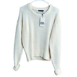 Zara Pullover Damen Größe L weiß Grobstrick Ballonärmel kuschelig Winter NEU - Bild 1 von 9