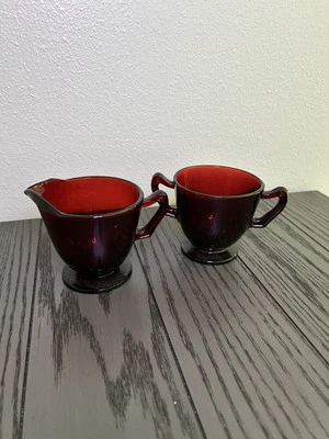 Vintage Royal Ruby Anchor Hocking Footed Creamer & Open Sugar Bowl USA - Image 1 of 4