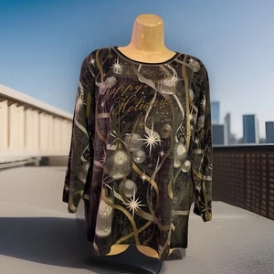 Jess&Jane Size XL Top “Happy Holidays” Rhinestones 3/4  Sleeve Stretchy USA Made - Picture 1 of 12