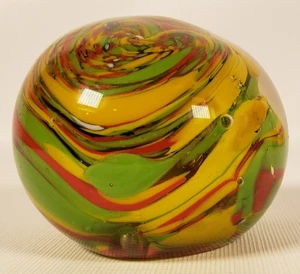 Paperweight Vintage 70s Psychedelic Glass Green Yellow and Red Swirl  2.9"W A88. - Picture 1 of 11