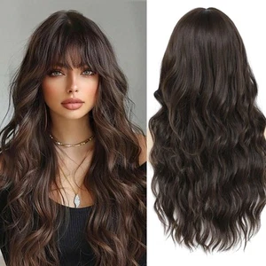 -Long Dark Brown Wig 26" Long Natural Loose Wave Hair Wig with Bangs for Wome... - Picture 1 of 7