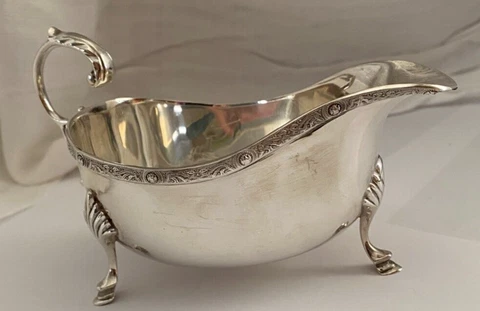 Vintage Sterling Silver Sauce Boat, TriFooted, Scroll Handle, Rim Decor, Ireland Cover