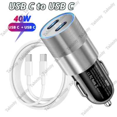 For Android Samsung Google LG Fast 40W Car Charger Dual Type C PD Adapter Cable - Image 1 of 4
