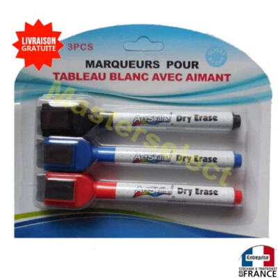 3 x Feutre Marqueur Effaçable Pour Tableaux Blanc + Eponge Et Bouchon Magnetique