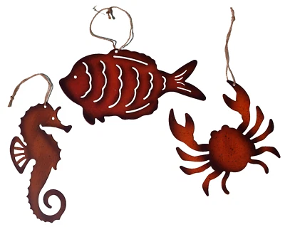 3er Set maritime Wandhänger aus Metall Fisch Krebs Seepferdchen Dekofigur - Bild 1 von 4