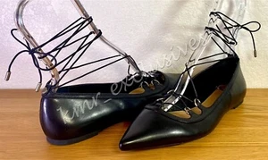 NEW Michael Kors “Kallie” Leather Lace Up Flats Black w Silver Details Size:8.5M - Picture 1 of 12