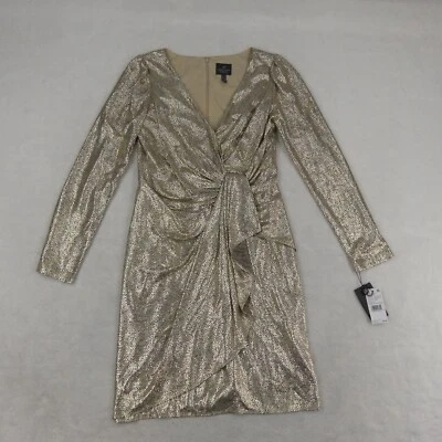 Adrianna Papell Dress Womens 10 Light Gold Faux Wrap Shirred Long Sleeve - Image 1 of 4