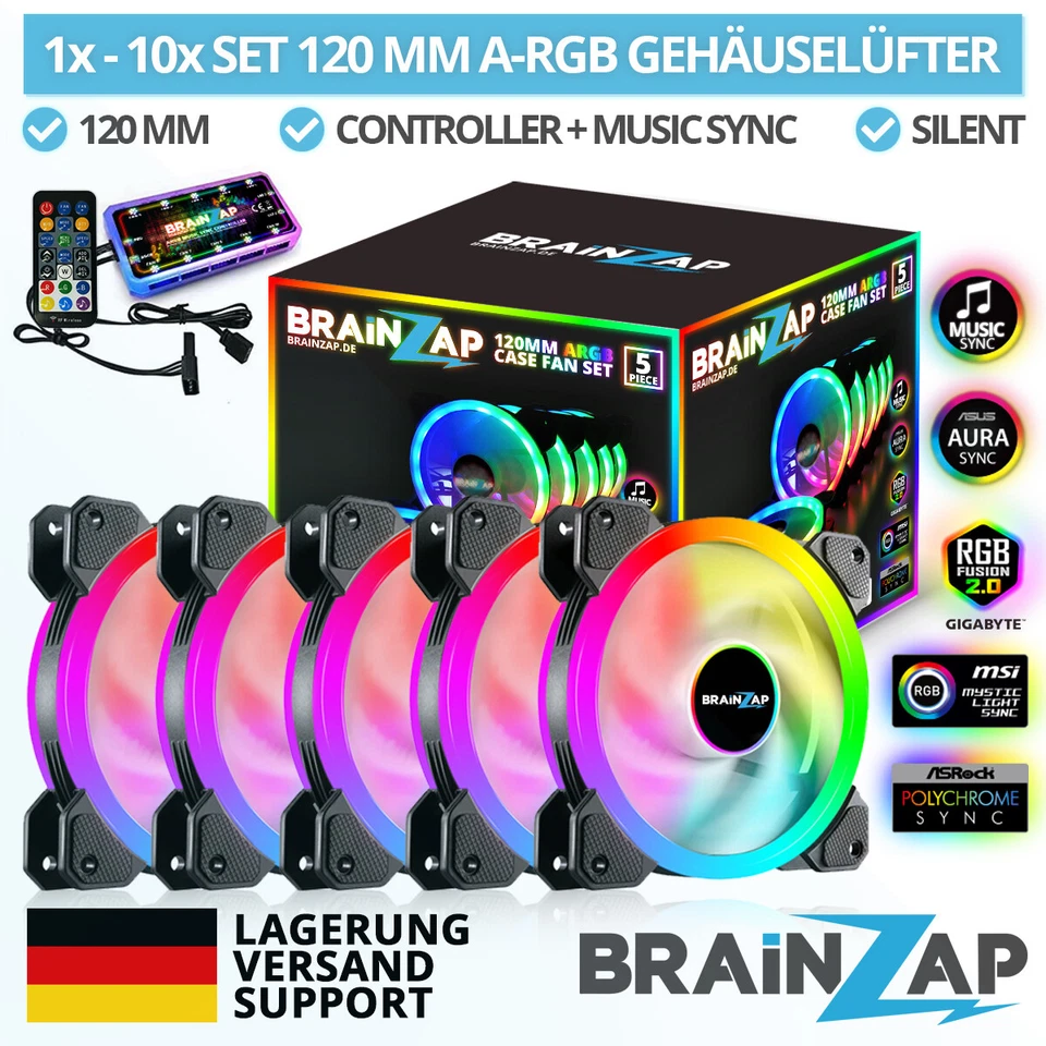 1-10x BRAINZAP 120mm LED ARGB/RGB Case Fan Set Gehäuse Lüfter Aura Asus Coolmoon - Bild 1 von 4