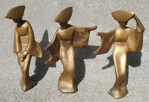 Vintage Mid Century Modern Cast Iron Dancing Geisha Statues Geometric Sculpture - Picture 1 of 14