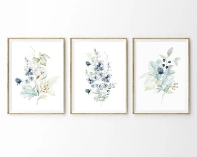 Juego de 3 impresiones artísticas de pared en acuarela de flores silvestres. Gran decoración estilo boho/hampton Foto 1 de 4