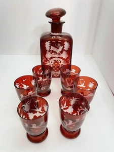 Antique Bohemian Egermann Red Cut to Clear Decanter & 6 Shot Glasses HTF READ - Picture 1 of 12