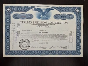Certificado de acciones de 100 acciones Sterling Precision Corporation 13/04/1961 - Imagen 1 de 2