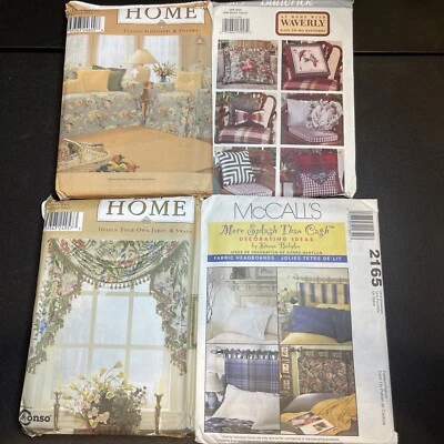 LOT OF 4 New Home Decor Sewing Patterns UNCUT Slipcovers Pillows Headboard Swag - Image 1 of 4