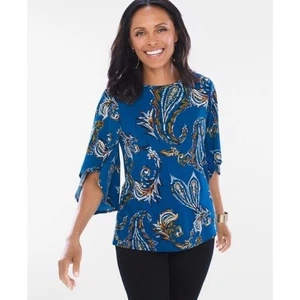 Chico's Opulent Paisley Blouse Flare Sleeve Stretch Top Blue Boho Small NWT $65 - Picture 1 of 17