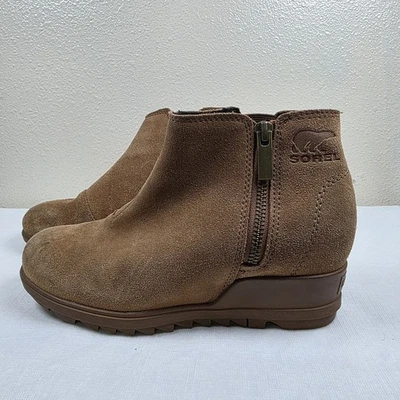 SOREL Evie Zip Bootie Size 6 Eur 37 Velvet Tan Waterproof Suede Leather 2" Wedge - Image 1 of 4