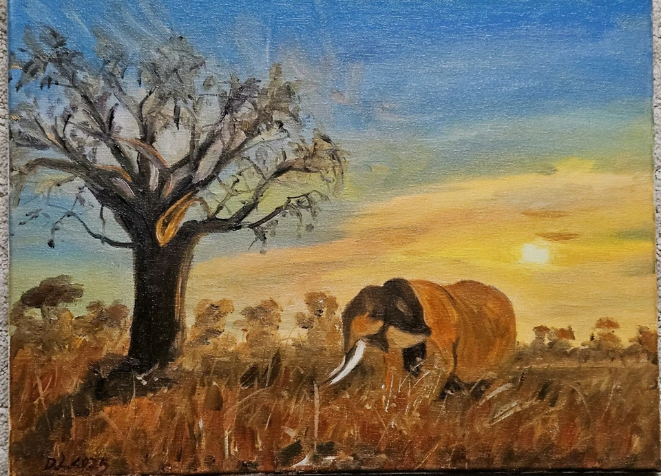 Pintura al óleo Daorong Baobob árbol y elefante al atardecer Kenia 12x16 Foto 1 de 1