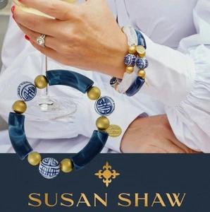 Pulsera Susan Shaw Joyería Charleston Azul Marino Cuentas Blancas 24k TPG - Imagen 1 de 15