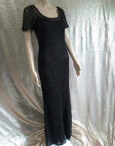 SHIMMERY BEADED BLACK CROCHET Vtg Carmen Marc Valvo LBD COLUMN MAXI PARTY DRESS - Picture 1 of 12