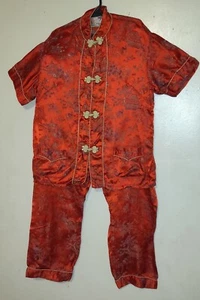Vintage Peony Asian Outfit Red Pjs Pajamas SHANGHAI CHINA Brocade Satin KIDS S - Picture 1 of 13