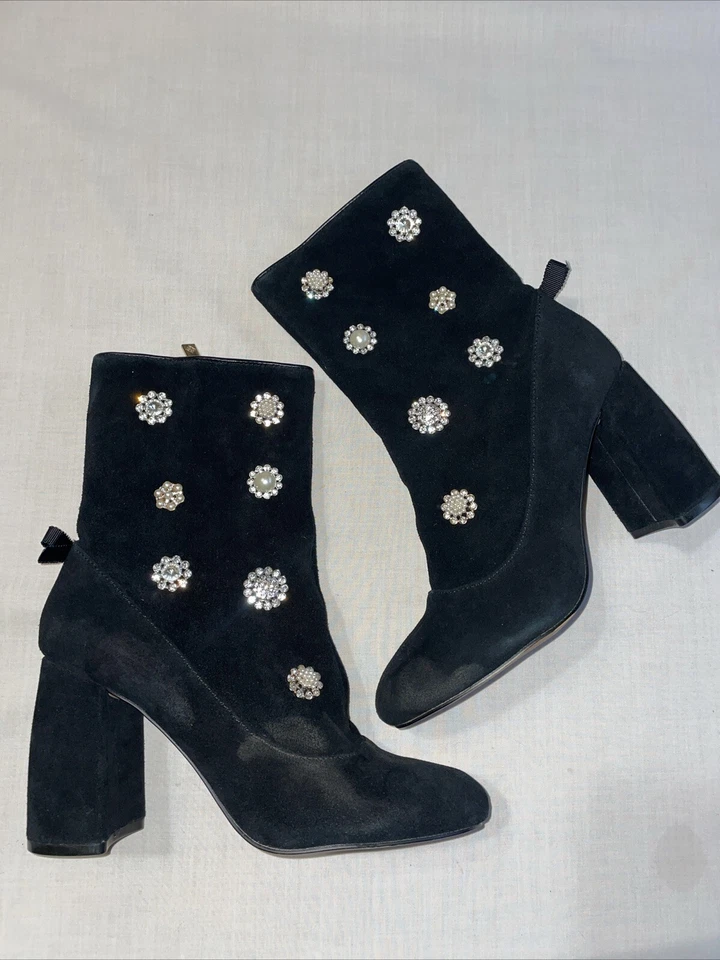 Nanette Lepore Botines Mujer Talla 7 M Negro Gamuza Cuero Joya Incrustada Foto 1 de 4